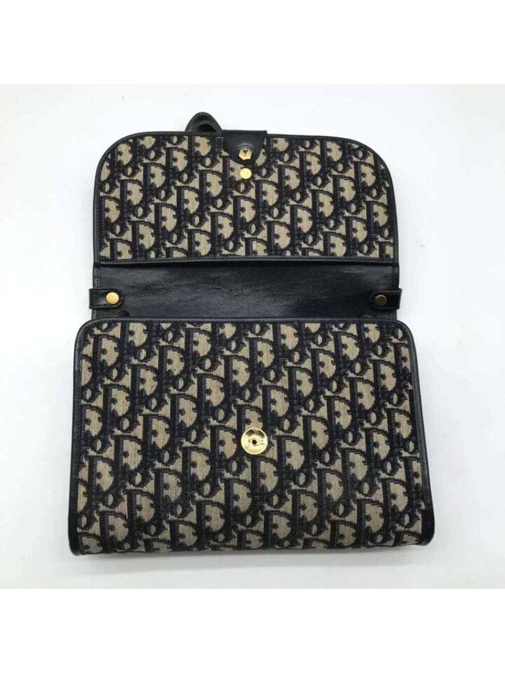 Dior Trotter Shoulder Bag Canvas Leather Push Lock Navy